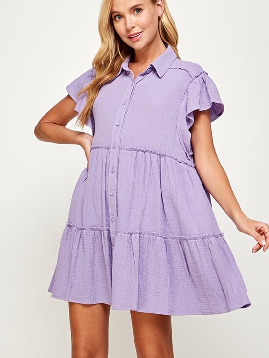 Purple Gauze Collared Tiered Dress With Frayed Seam - Picture 2 of 7